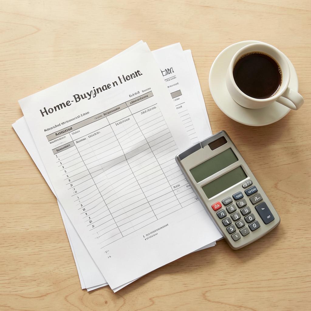 Home-buying paperwork, an amortization sheet and a calculator on an oak desk